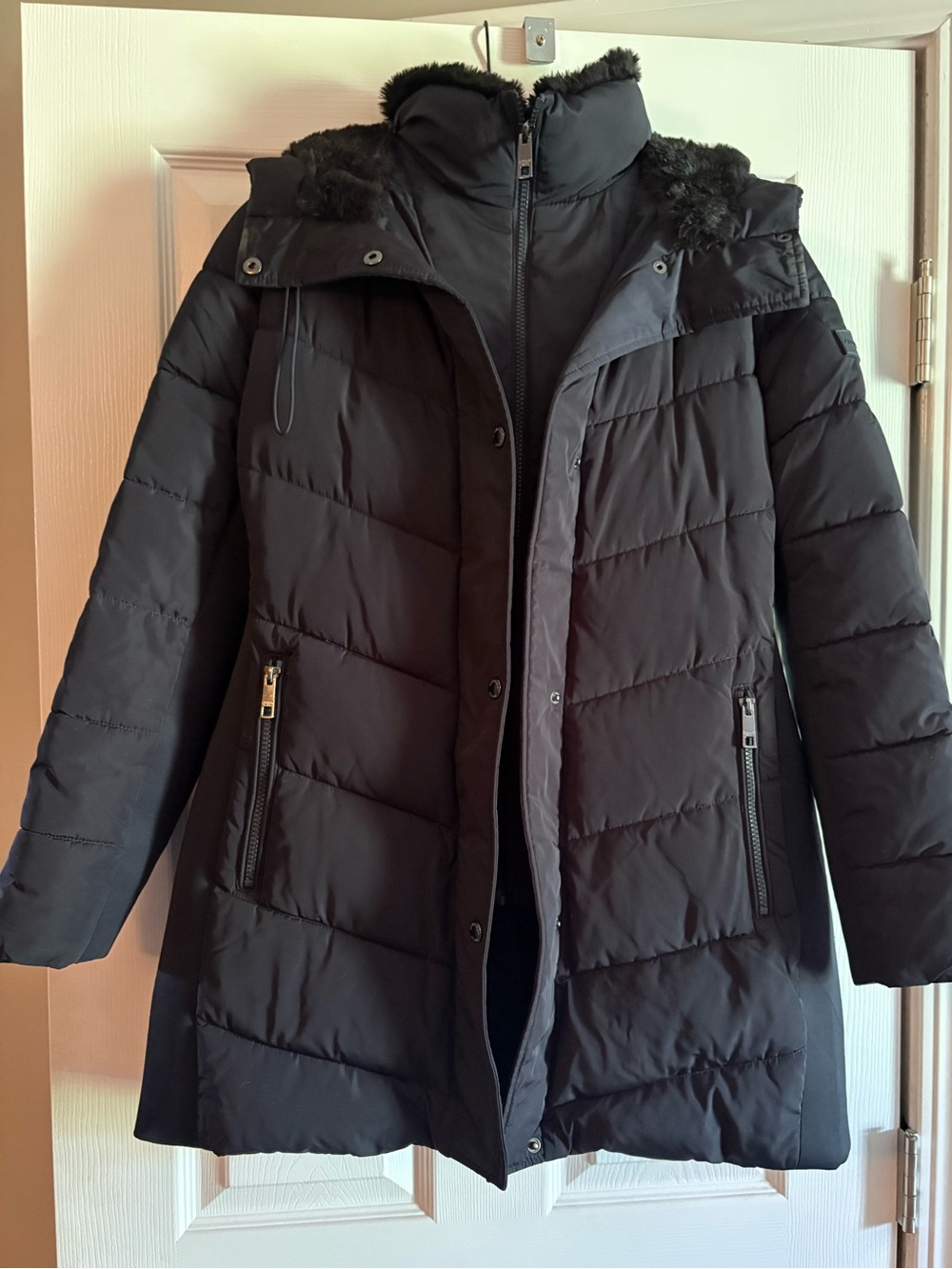 Andrew Marc Black Women's Quilted Puffer Coat with Faux Fur Hood